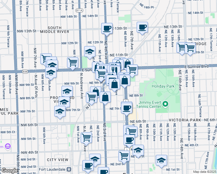 map of restaurants, bars, coffee shops, grocery stores, and more near 833 Northeast 4th Avenue in Fort Lauderdale