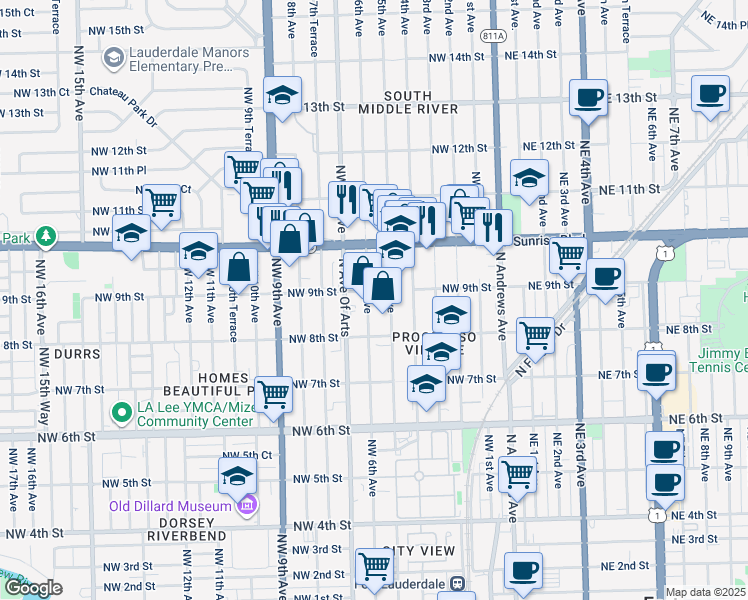 map of restaurants, bars, coffee shops, grocery stores, and more near 842 Northwest 6th Avenue in Fort Lauderdale
