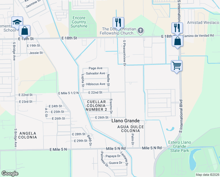 map of restaurants, bars, coffee shops, grocery stores, and more near 2511 Nellie Street in Weslaco