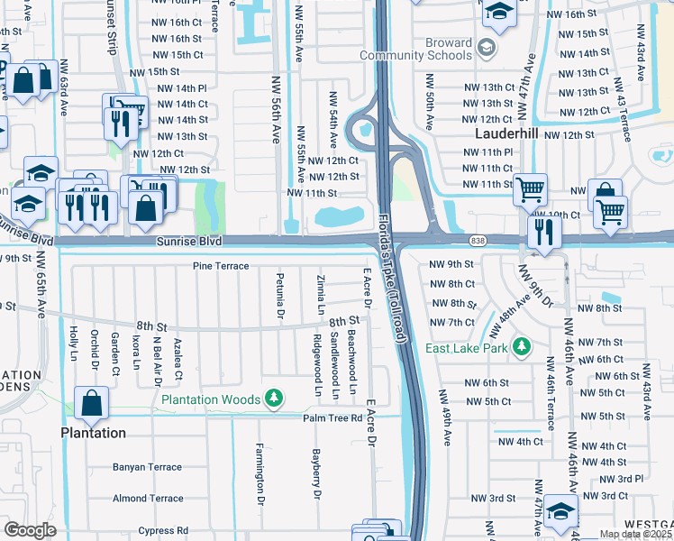 map of restaurants, bars, coffee shops, grocery stores, and more near 5366 Pine Terrace in Plantation