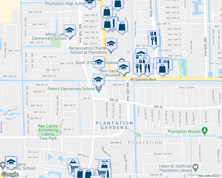 map of restaurants, bars, coffee shops, grocery stores, and more near 881 Northwest 67th Avenue in Plantation
