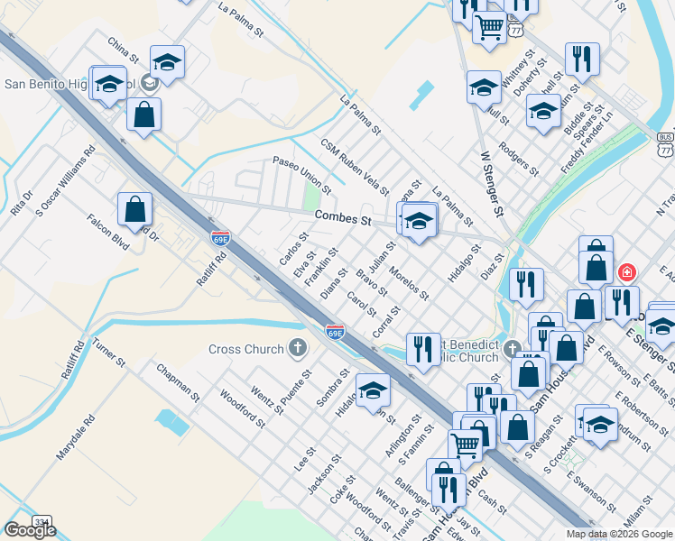 map of restaurants, bars, coffee shops, grocery stores, and more near 534 Diana Street in San Benito