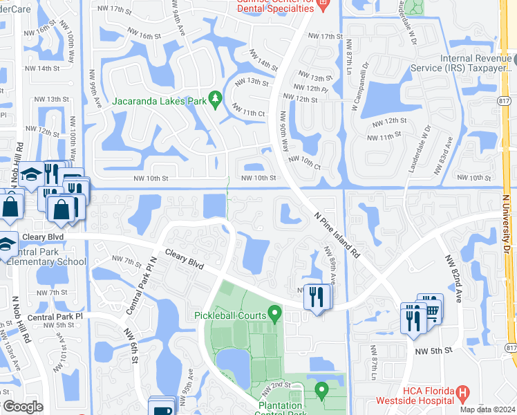 map of restaurants, bars, coffee shops, grocery stores, and more near 9234 Northwest 9th Place in Plantation