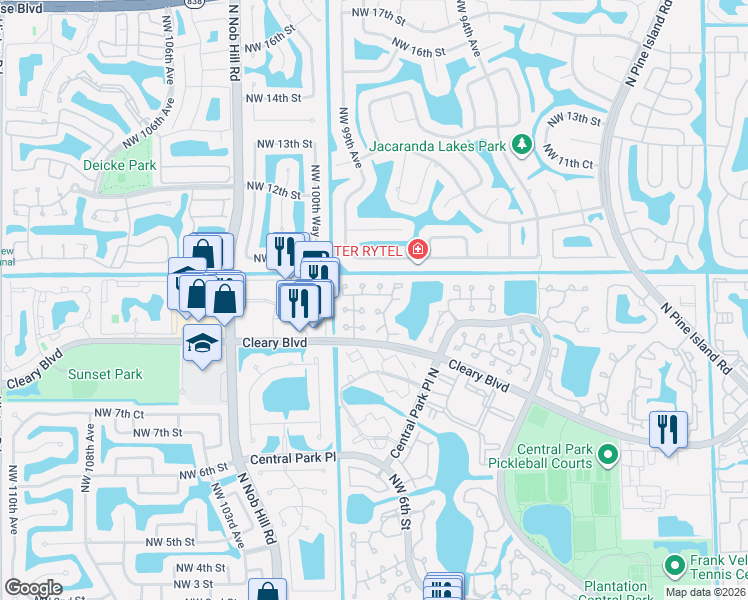 map of restaurants, bars, coffee shops, grocery stores, and more near 9904 Northwest 9th Court in Plantation
