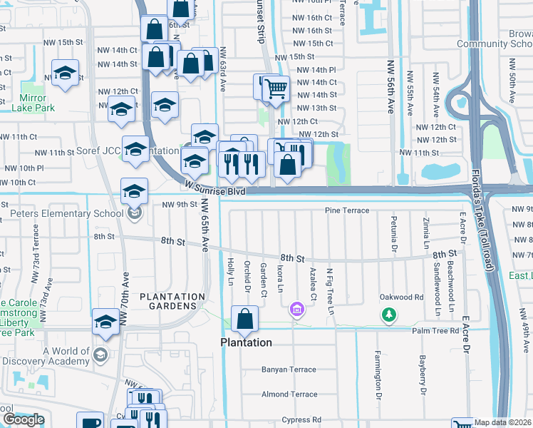 map of restaurants, bars, coffee shops, grocery stores, and more near 884 Garden Court in Plantation