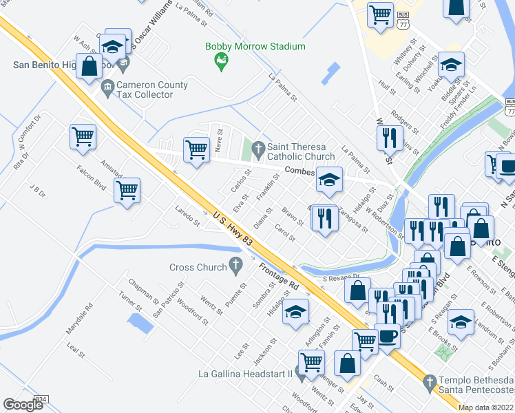 map of restaurants, bars, coffee shops, grocery stores, and more near 585 Franklin Street in San Benito