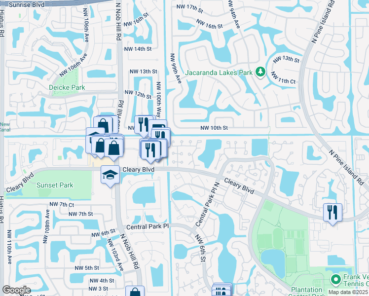 map of restaurants, bars, coffee shops, grocery stores, and more near 9904 Northwest 9th Court in Plantation