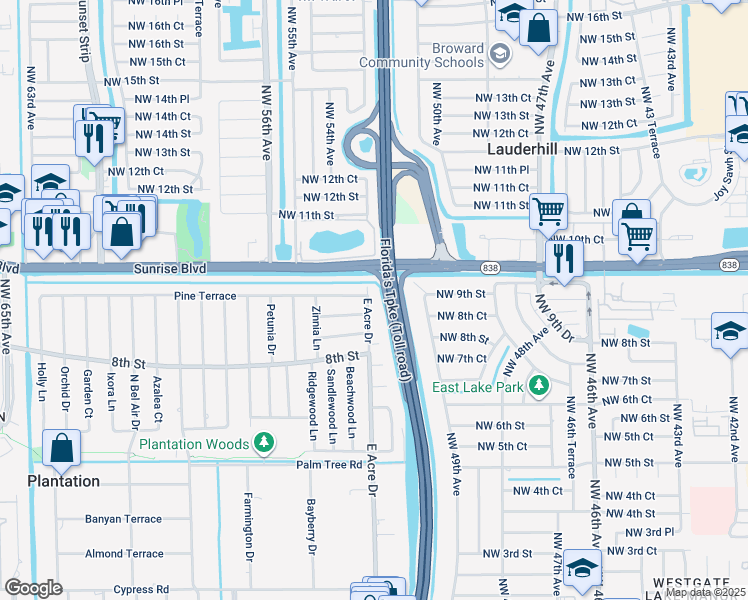 map of restaurants, bars, coffee shops, grocery stores, and more near 888 East Acre Drive in Plantation