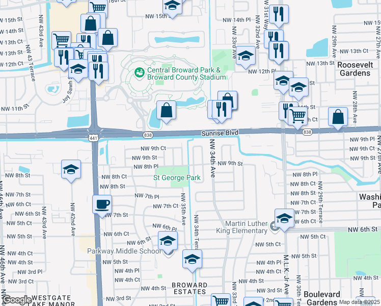 map of restaurants, bars, coffee shops, grocery stores, and more near 941 Northwest 34th Terrace in Fort Lauderdale