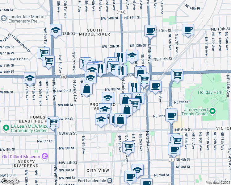 map of restaurants, bars, coffee shops, grocery stores, and more near 835 Northwest 1st Avenue in Fort Lauderdale