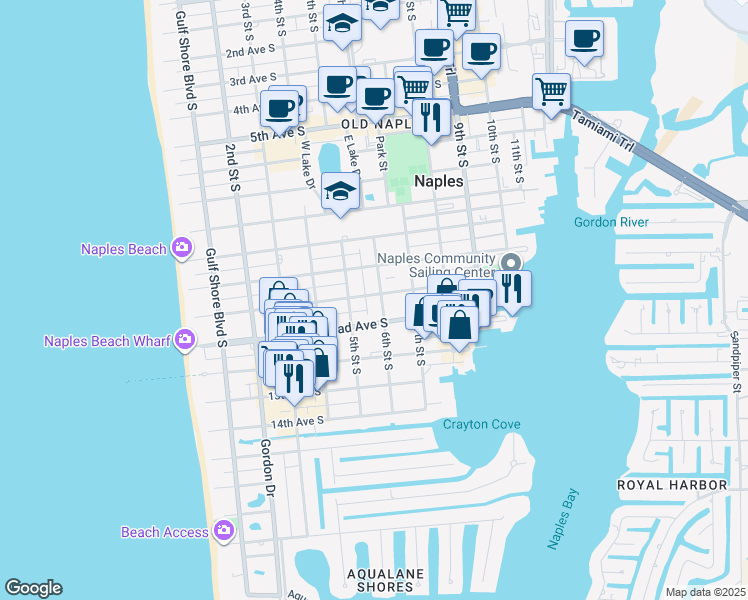 map of restaurants, bars, coffee shops, grocery stores, and more near 1118 6th Street South in Naples