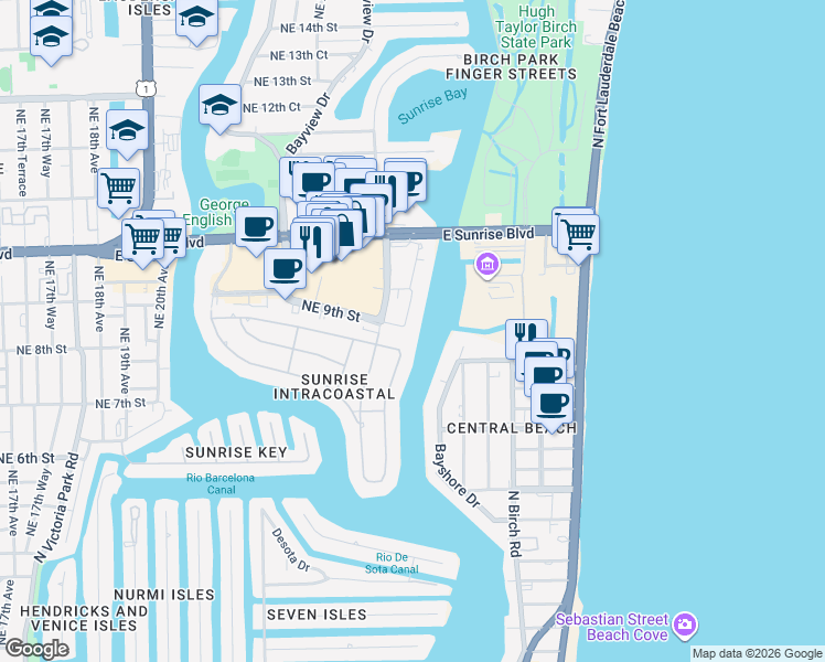 map of restaurants, bars, coffee shops, grocery stores, and more near 2609 Northeast 8th Street in Fort Lauderdale
