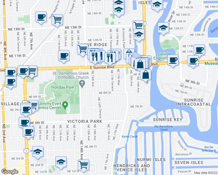map of restaurants, bars, coffee shops, grocery stores, and more near 814 Northeast 17th Avenue in Fort Lauderdale