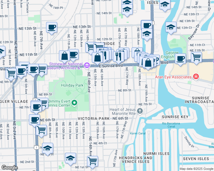 map of restaurants, bars, coffee shops, grocery stores, and more near 817 Northeast 16th Terrace in Fort Lauderdale