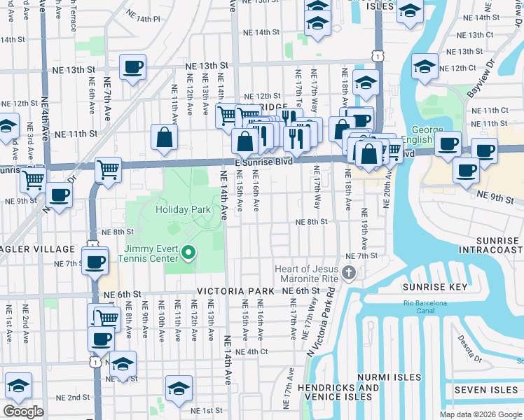 map of restaurants, bars, coffee shops, grocery stores, and more near 817 Northeast 16th Terrace in Fort Lauderdale