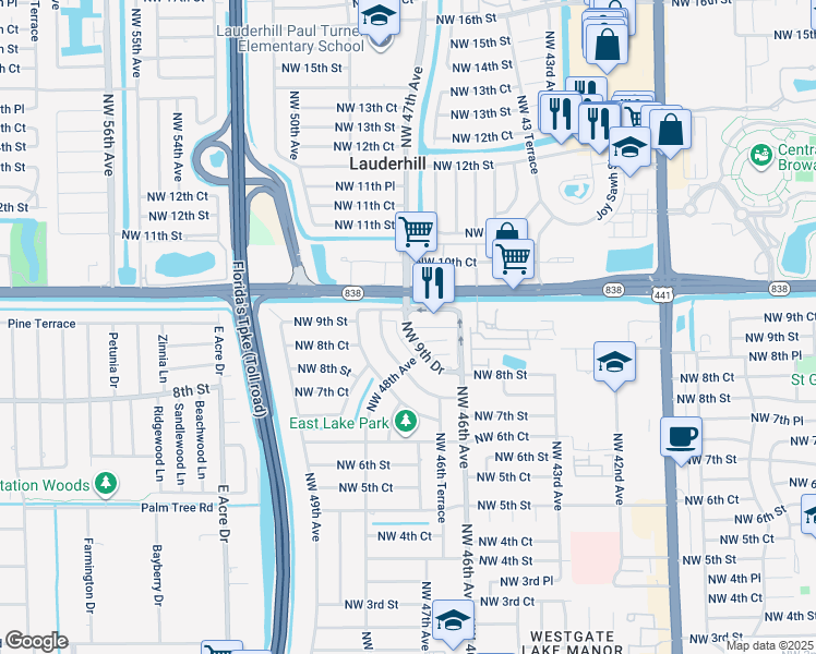 map of restaurants, bars, coffee shops, grocery stores, and more near 4852 Northwest 9th Drive in Plantation