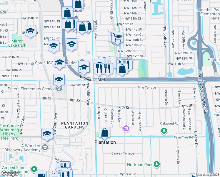 map of restaurants, bars, coffee shops, grocery stores, and more near 884 Garden Court in Plantation