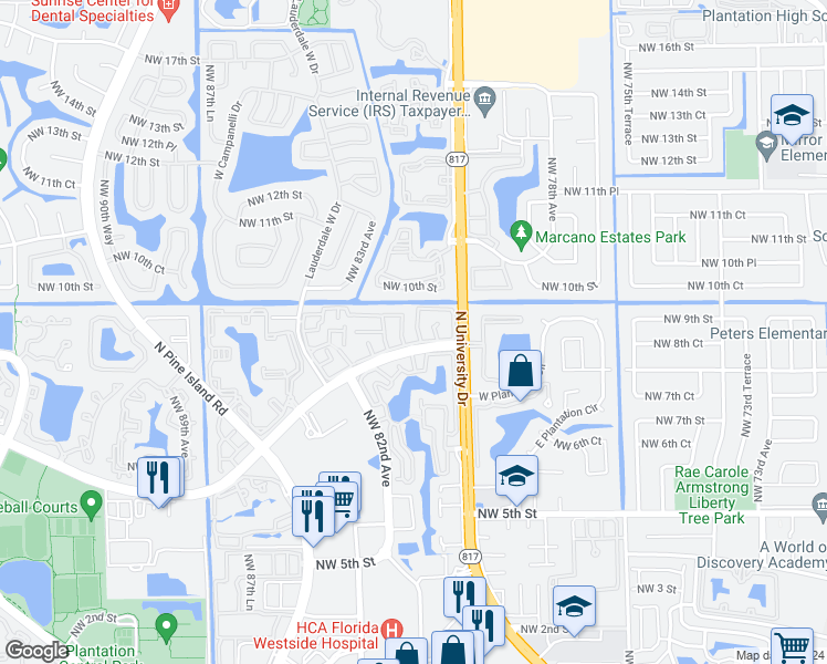 map of restaurants, bars, coffee shops, grocery stores, and more near 832 Northwest 81st Terrace in Plantation