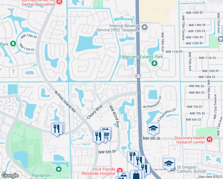 map of restaurants, bars, coffee shops, grocery stores, and more near 8186 Northwest 8th Place in Plantation