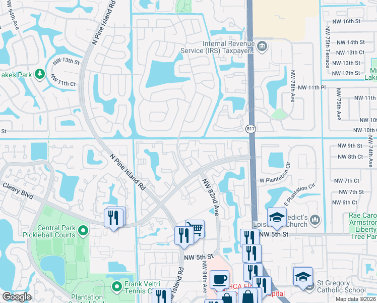 map of restaurants, bars, coffee shops, grocery stores, and more near 8218 Northwest 9th Street in Plantation