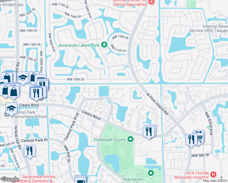 map of restaurants, bars, coffee shops, grocery stores, and more near 953 Northwest 9th Court in Plantation