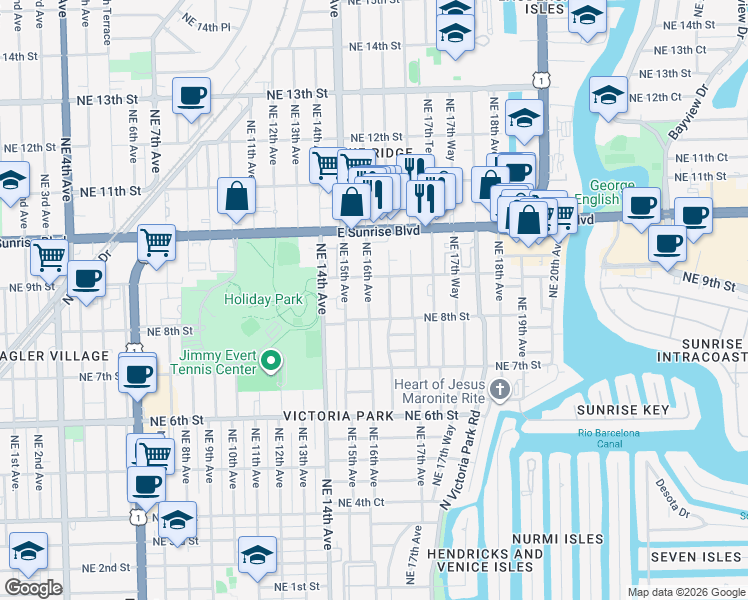 map of restaurants, bars, coffee shops, grocery stores, and more near 817 Northeast 16th Terrace in Fort Lauderdale