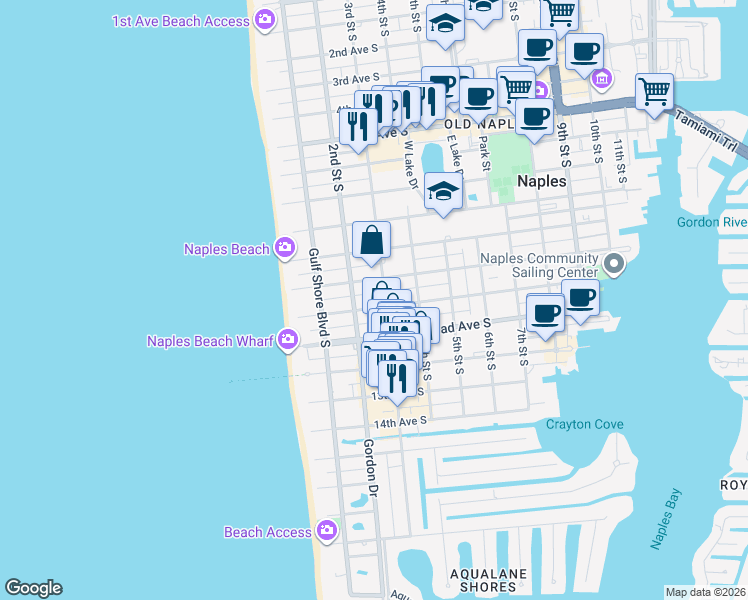 map of restaurants, bars, coffee shops, grocery stores, and more near 281 11th Avenue South in Naples