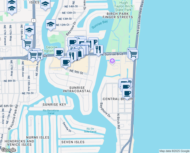 map of restaurants, bars, coffee shops, grocery stores, and more near 2609 Northeast 8th Street in Fort Lauderdale