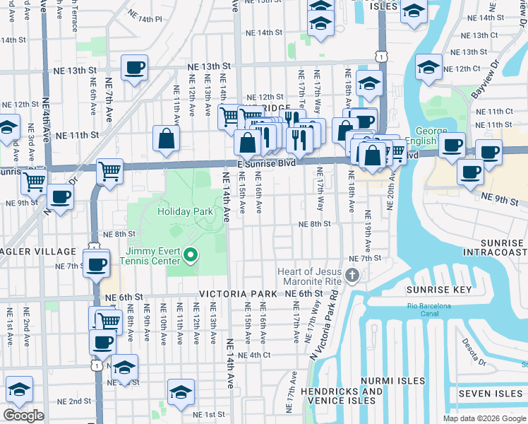 map of restaurants, bars, coffee shops, grocery stores, and more near 817 Northeast 16th Terrace in Fort Lauderdale