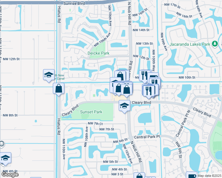 map of restaurants, bars, coffee shops, grocery stores, and more near 10717 Cleary Boulevard in Plantation