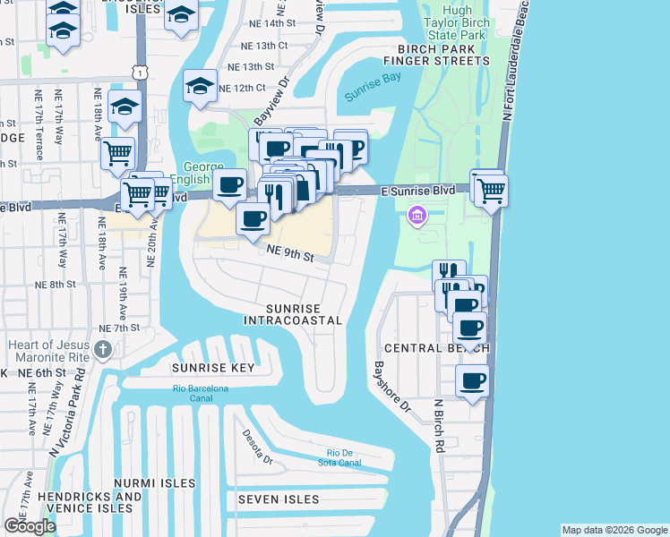 map of restaurants, bars, coffee shops, grocery stores, and more near 2600 Northeast 9th Street in Fort Lauderdale