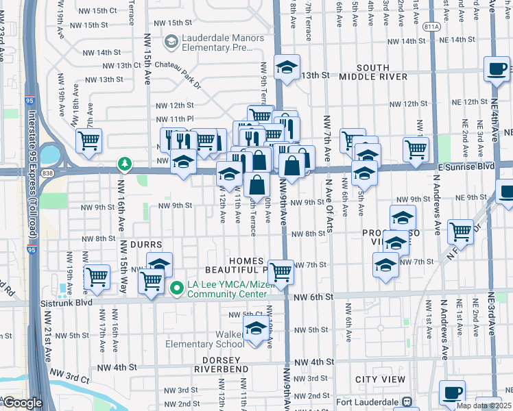 map of restaurants, bars, coffee shops, grocery stores, and more near 844 Northwest 10th Terrace in Fort Lauderdale