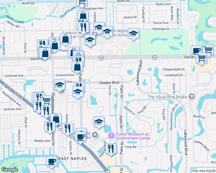 map of restaurants, bars, coffee shops, grocery stores, and more near 78 Glades Boulevard in Naples
