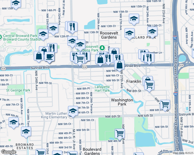 map of restaurants, bars, coffee shops, grocery stores, and more near 2846 Northwest 9th Court in Fort Lauderdale