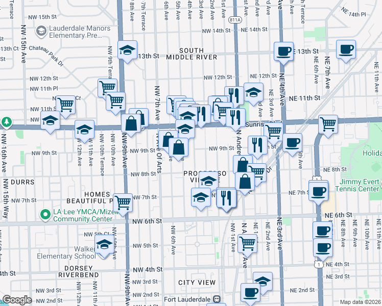 map of restaurants, bars, coffee shops, grocery stores, and more near 837 Northwest 4th Avenue in Fort Lauderdale