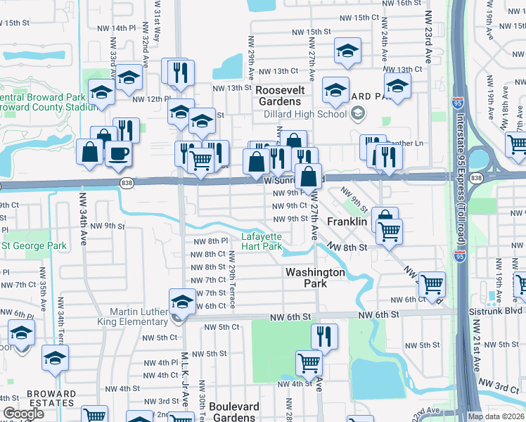 map of restaurants, bars, coffee shops, grocery stores, and more near 2845 Northwest 9th Street in Fort Lauderdale