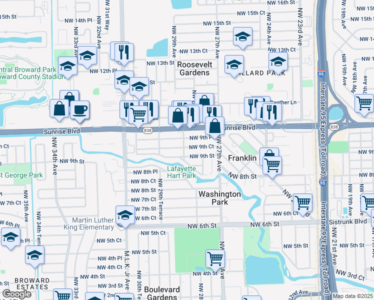 map of restaurants, bars, coffee shops, grocery stores, and more near 2845 Northwest 9th Street in Fort Lauderdale