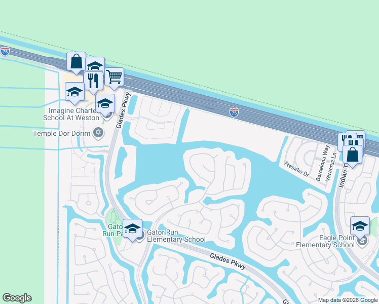 map of restaurants, bars, coffee shops, grocery stores, and more near 1412 Meadows Boulevard in Weston