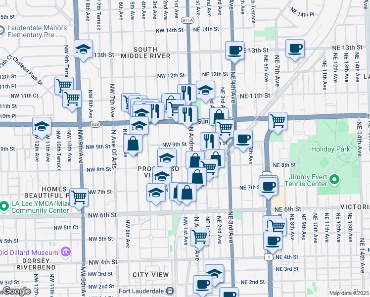 map of restaurants, bars, coffee shops, grocery stores, and more near 835 Northwest 1st Avenue in Fort Lauderdale