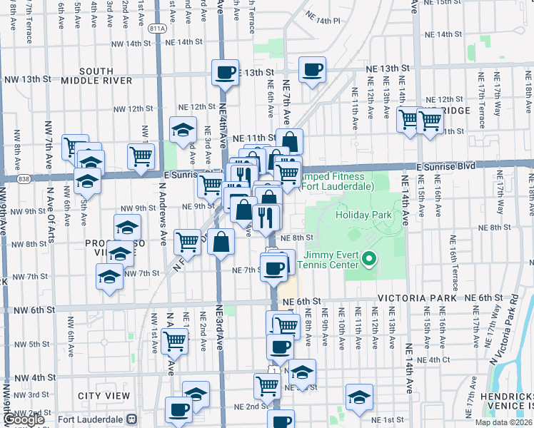 map of restaurants, bars, coffee shops, grocery stores, and more near 840 North Federal Highway in Fort Lauderdale