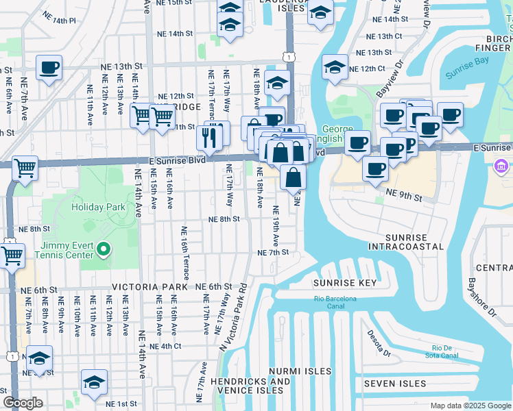 map of restaurants, bars, coffee shops, grocery stores, and more near 812 North Victoria Park Road in Fort Lauderdale