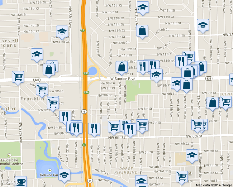map of restaurants, bars, coffee shops, grocery stores, and more near 888 Northwest 16th Terrace in Fort Lauderdale