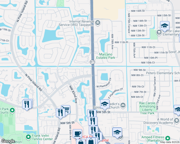 map of restaurants, bars, coffee shops, grocery stores, and more near 8041 Northwest 8th Street in Plantation