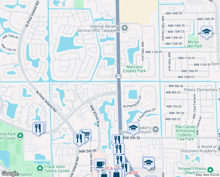 map of restaurants, bars, coffee shops, grocery stores, and more near 8041 Northwest 8th Street in Plantation