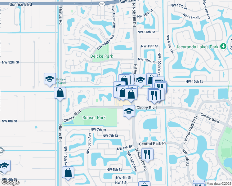 map of restaurants, bars, coffee shops, grocery stores, and more near 879 North Nob Hill Road in Plantation