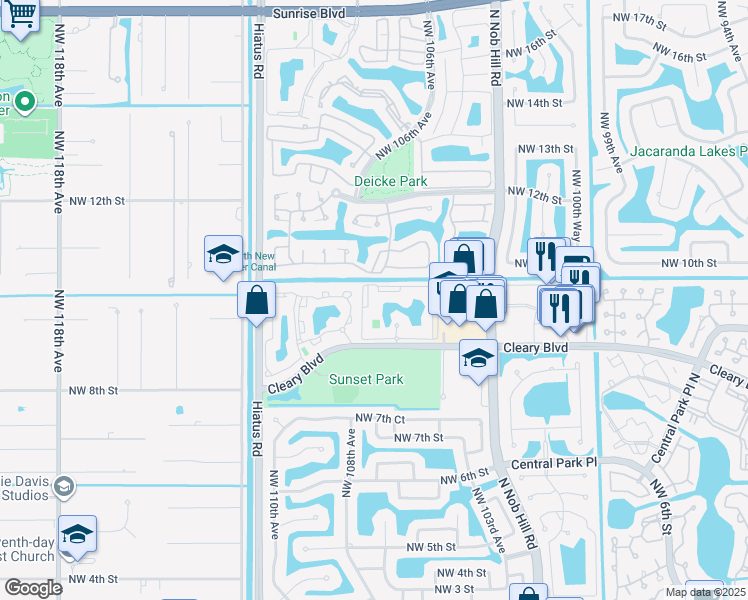map of restaurants, bars, coffee shops, grocery stores, and more near 10749 Cleary Boulevard in Plantation