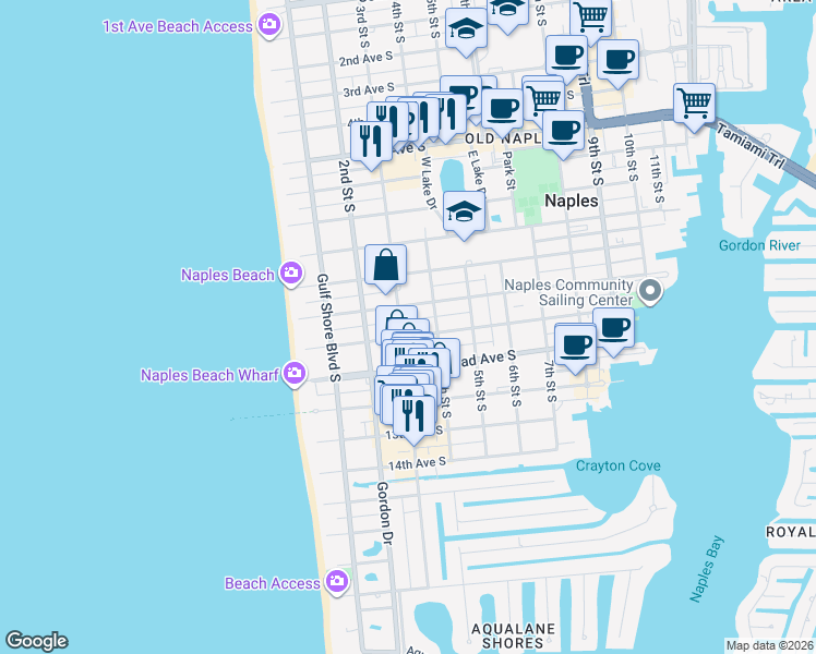 map of restaurants, bars, coffee shops, grocery stores, and more near 281 11th Avenue South in Naples