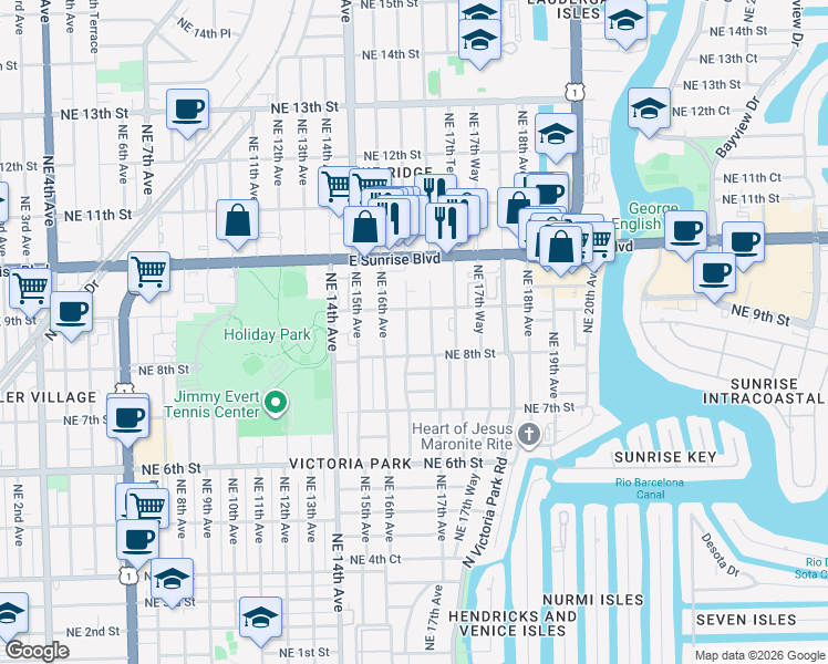 map of restaurants, bars, coffee shops, grocery stores, and more near 817 Northeast 16th Terrace in Fort Lauderdale
