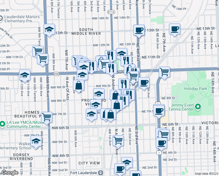 map of restaurants, bars, coffee shops, grocery stores, and more near 835 Northwest 1st Avenue in Fort Lauderdale