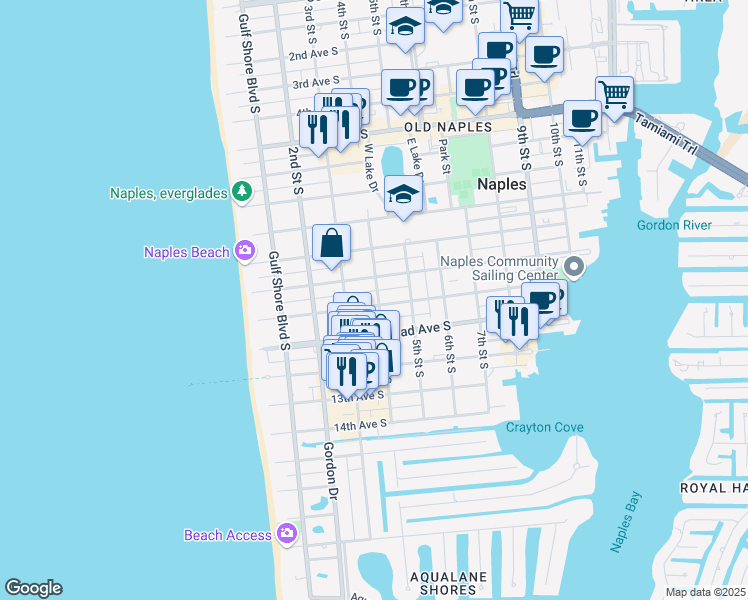 map of restaurants, bars, coffee shops, grocery stores, and more near 391 11th Avenue South in Naples